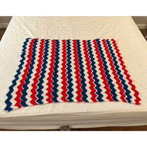 VTG USA  Patriotic Americana Afghan Red White Blue Throw Blanket Crochet 37"x47"